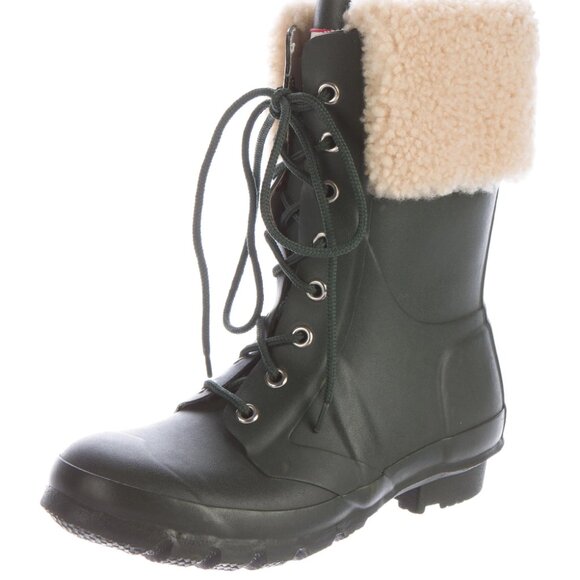 Hunter Adley Lace-Up Boots – Green Waterproof Rubber with Shearling Trim, Size 9 - Picture 2 of 9